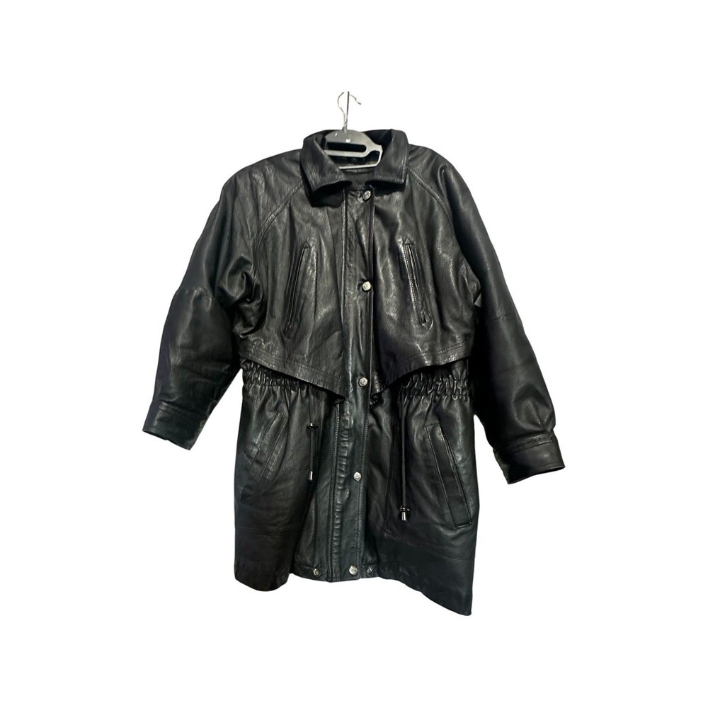 Vintage Wilsons Women's Black Leather Button Front Collared Coat Jacket Sz Med